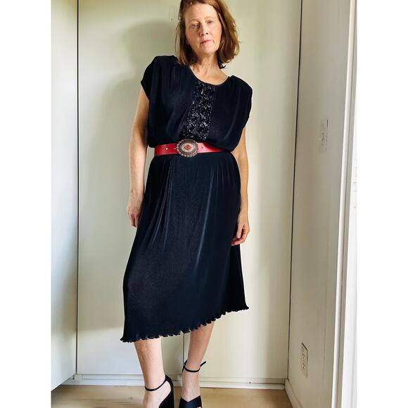 Virginie Paris Floral Micropleated Dress Black Made in France Statement SZ L - Picture 9 of 9